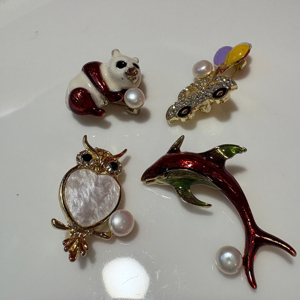 Elegant Animal Brooch Set - Red, Gold, Silver freshwater pearl accent